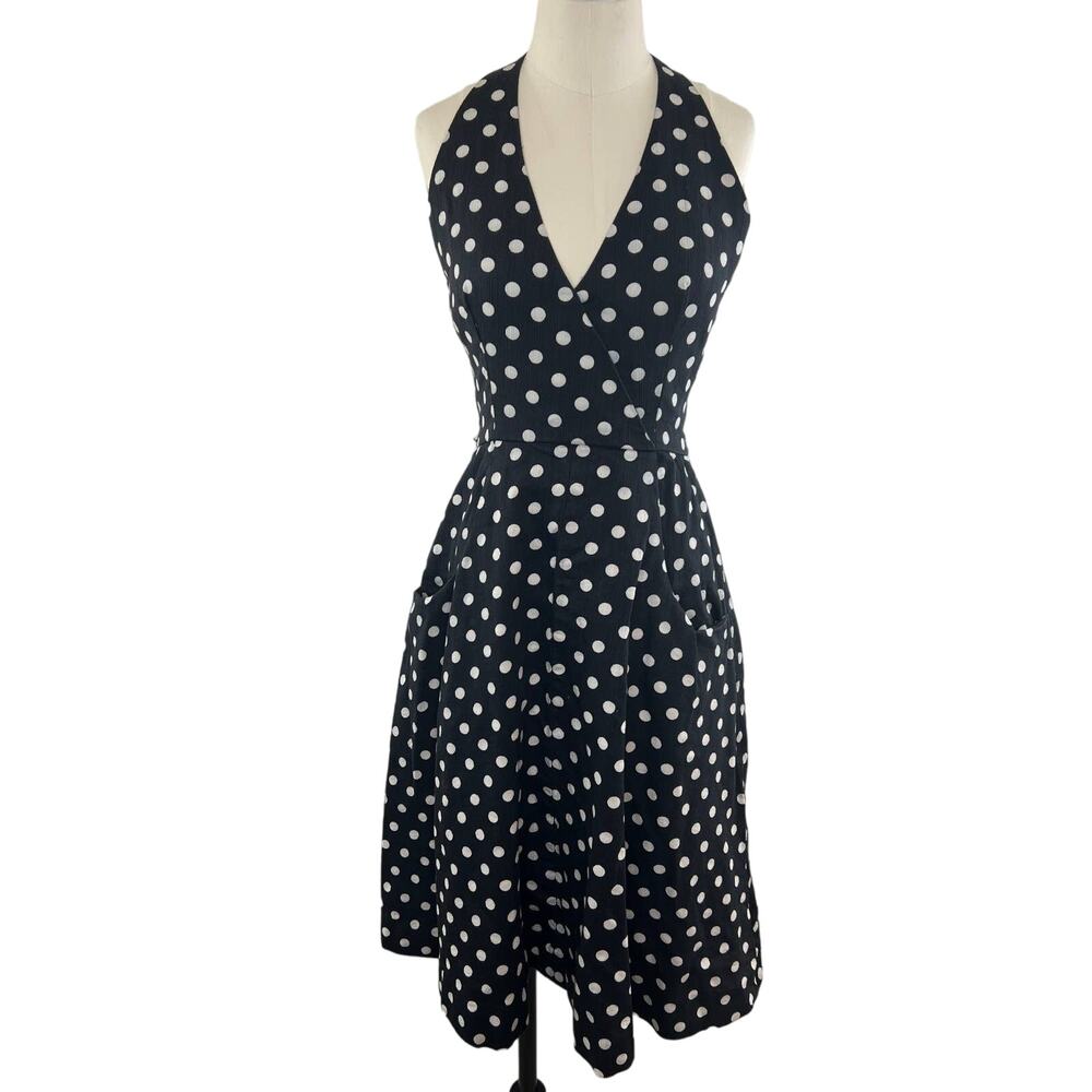VINTAGE 60 Mollie Parnis Boutique Black White Polka Dot Retro Halter Dress S VTG